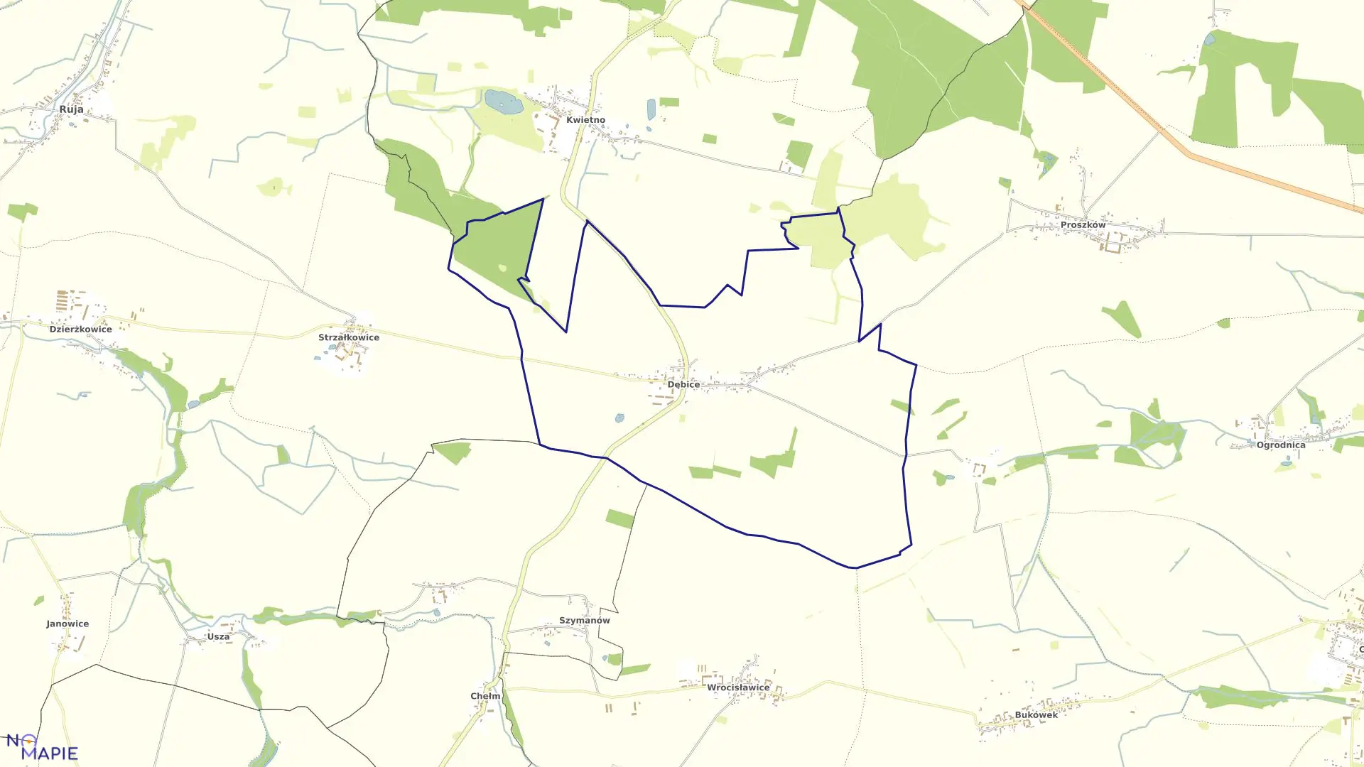 Mapa obrębu Dębice w gminie Malczyce