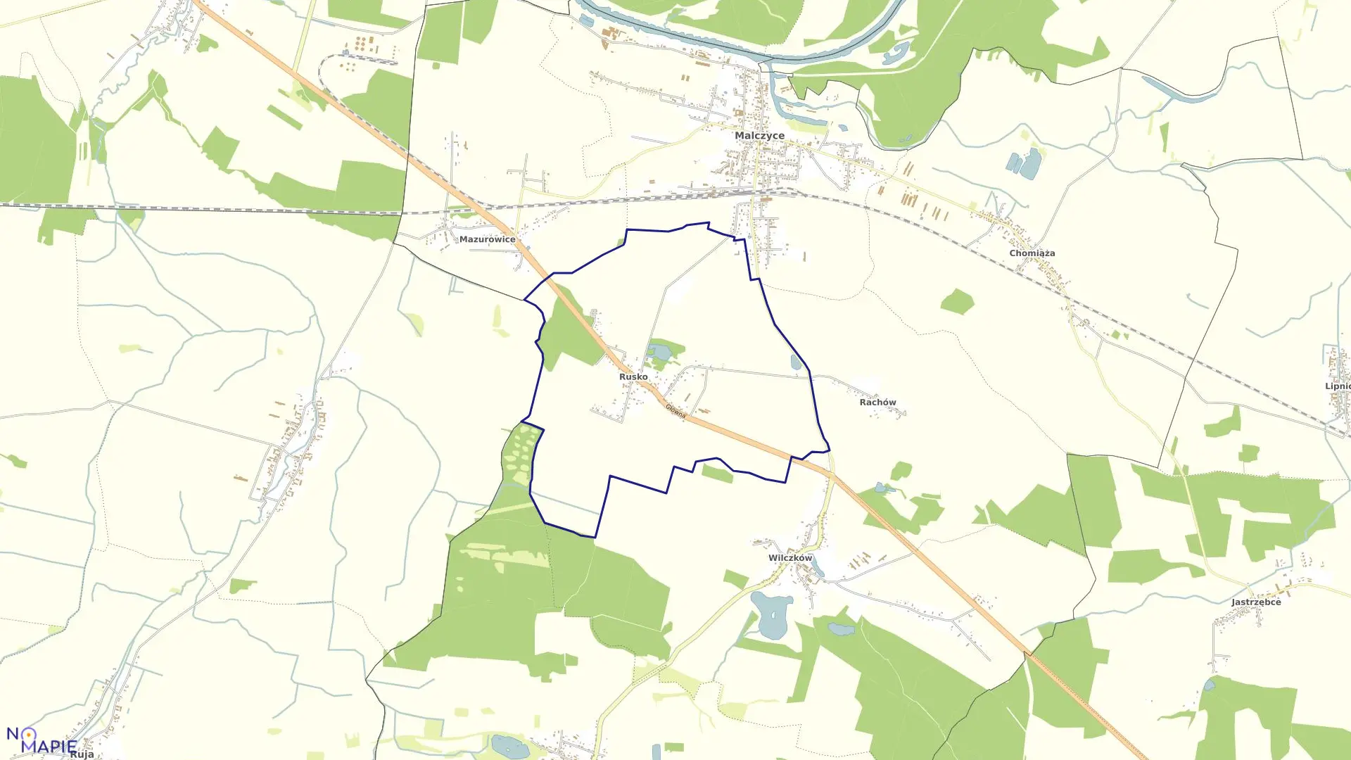 Mapa obrębu Rusko w gminie Malczyce